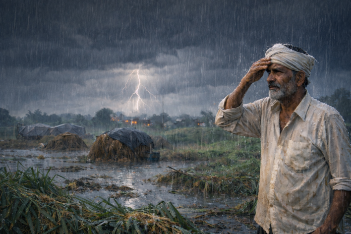 Rain-soaked farmer in stormy field